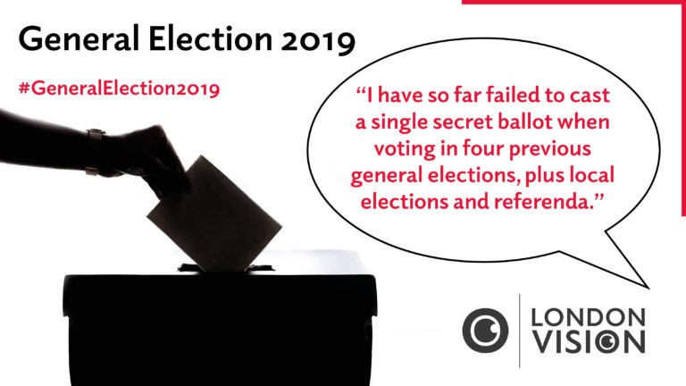Image shows a hand putting a card in a ballot box above it it says #GeneralElection2019. Next to it is the quote "I have so far failed to cast a single ballot when voting in four previous elections, plus local elections and referendum". 