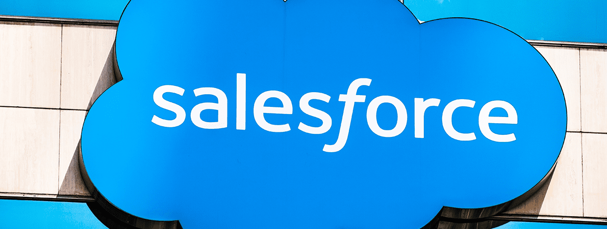 Salesforce sign on a glass building