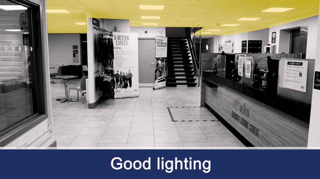 Still from the training video highlighting the importance of good lighting at leisure venues