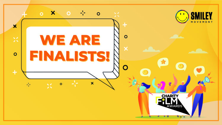 Charity Film Awards banner with 'We are finalists!' and Smiley Movement logo
